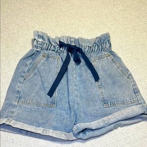 TEMT Paper bag Waist Light Blue Jean Shorts with Navy Tie.